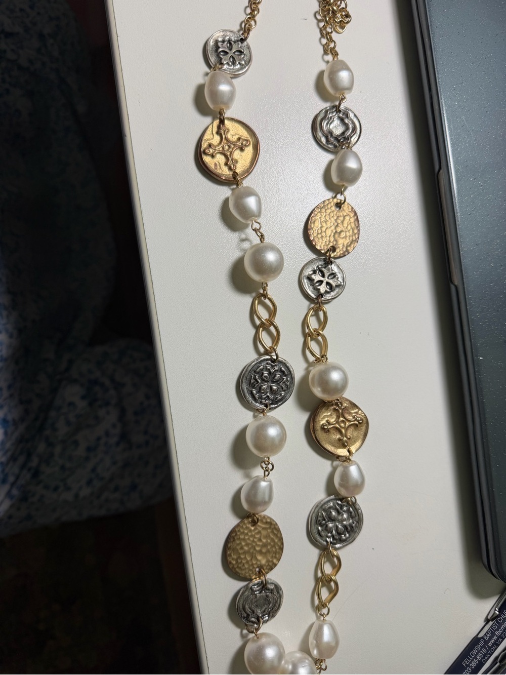 Chico's Gold & Silver Coin and Pearl Link Necklace